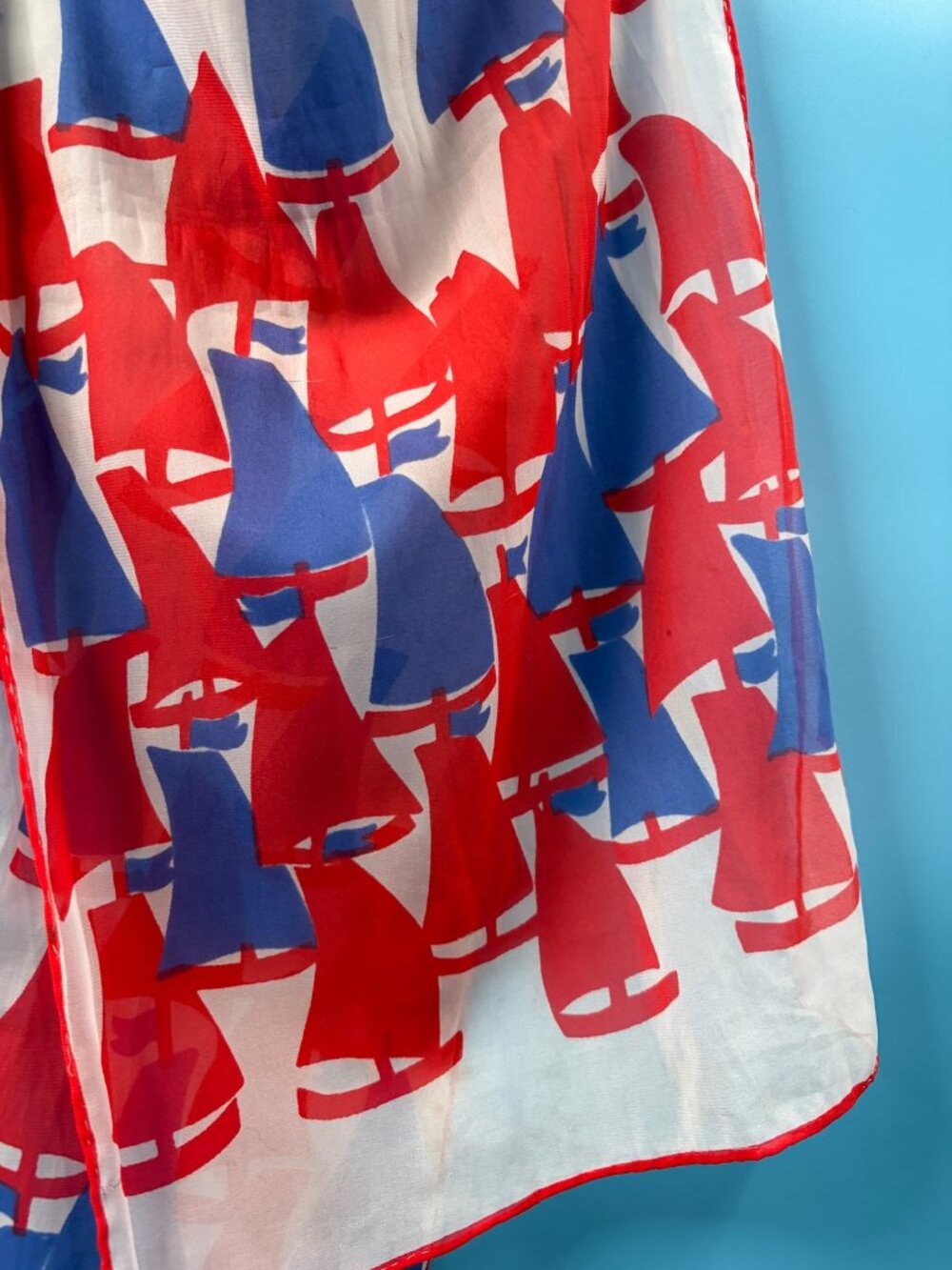 Vintage 60s Modernist Nautical Sailboat Scarf Red and Blue Yacht Regatta Pattern